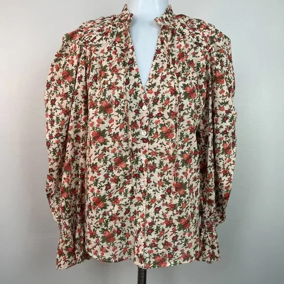 Free People Top XS Floral Orange Green Puff Sleeve Cotton Boho Blouse Women's - Picture 4 of 15